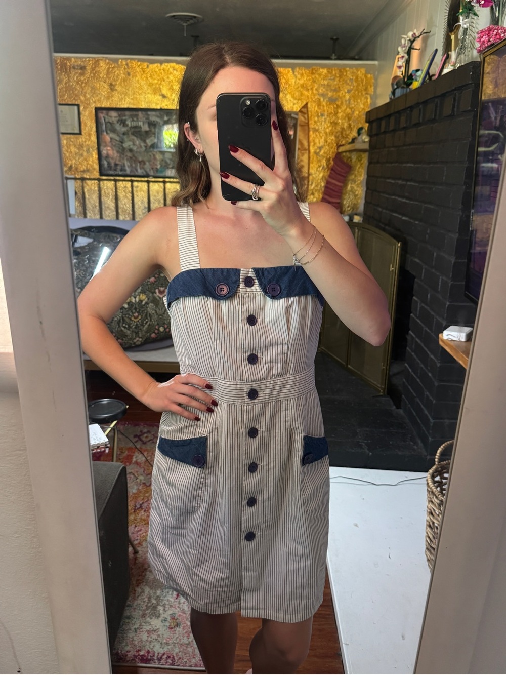 Striped Button-Front cotton Sundress with Navy Trim